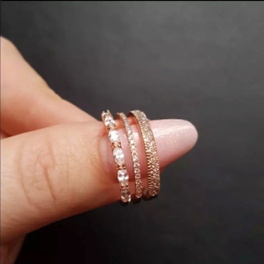 Rose Gold PLATED Triple CZ Diamond Stackable Adjustable Ring - Picture 4 of 7